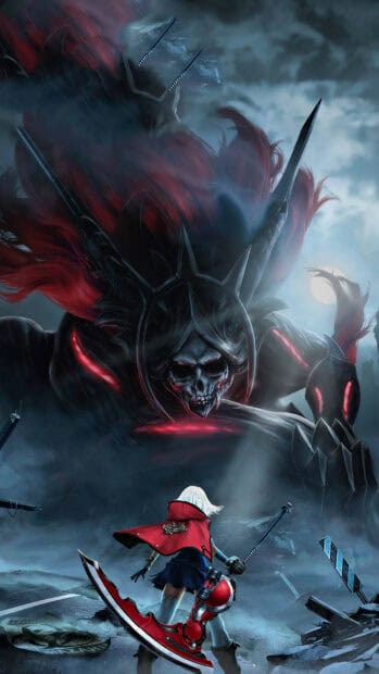 A lone warrior faces a giant armored skull creature under a cloudy moonlit sky in God Eater Game, 4K Phone Wallpaper