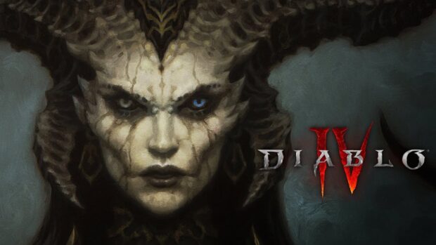 The image features a dark demon face with a blue eye from Diablo Iv wallpapers, HD PC Wallpaper