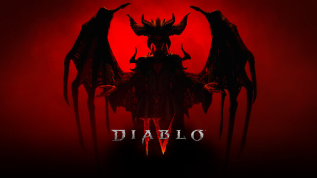 A dark demon with large wings appears in front of a red background in Diablo Iv Wallpapers, 4K Desktop Wallpaper