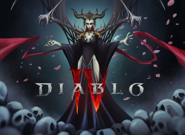 A dark sorceress with horns stands surrounded by skulls in Diablo Iv Wallpapers, HD Desktop Wallpaper