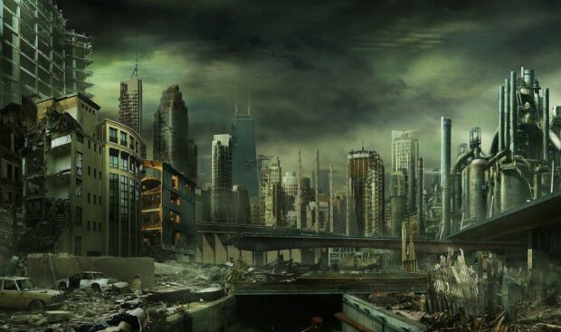 The ghost town wallpapers show a destroyed city landscape with damaged buildings and a gloomy sky, HD Desktop Wallpaper
