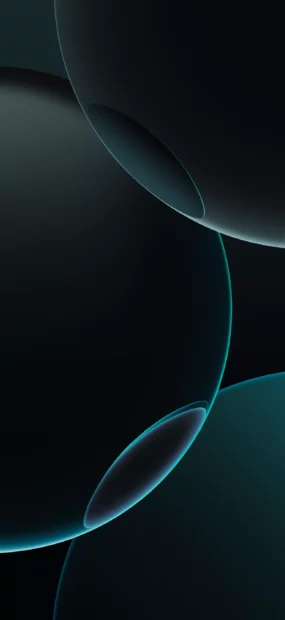 The image shows a dark abstract design featuring glowing blue spheres with smooth edges, 2K iPhone Wallpaper