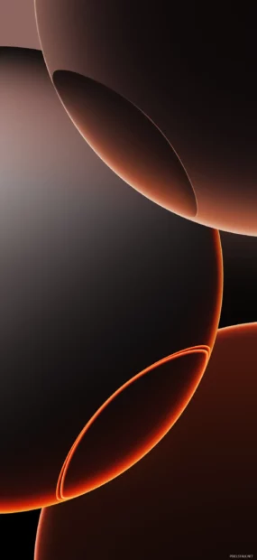 The image shows dark abstract spheres with glowing orange edges in a vertical composition for iPhone 17 Wallpapers, 2K iPhone Wallpaper