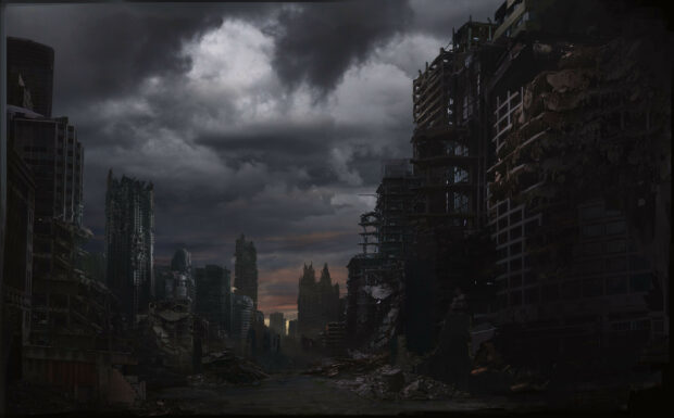 A dark and eerie ghost town with ruined buildings under stormy skies, HD Desktop Wallpaper