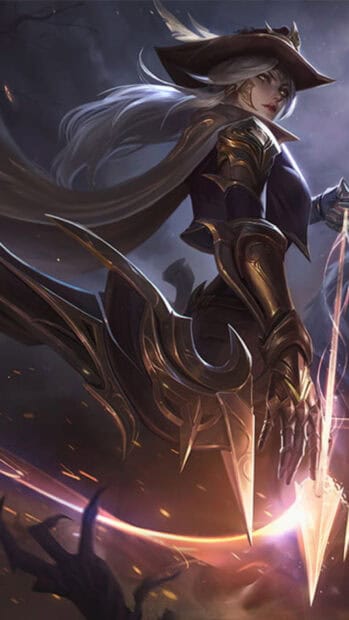 Ashe League Of Legends stands ready with her glowing bow in dark armor, HD Phone Wallpaper
