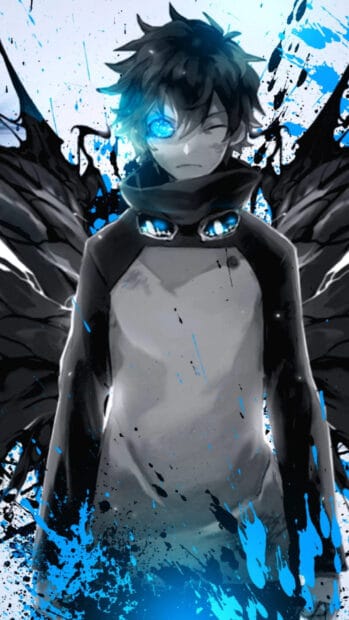 A young man with a glowing eye and dark wings stands surrounded by blue splashes in Kekkai Sensen, HD Mobile Wallpaper