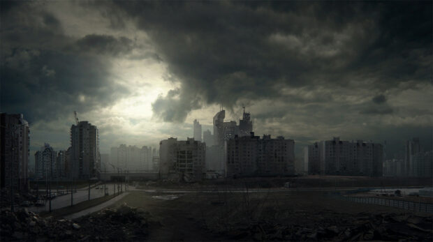 A ghost town shows abandoned buildings under a dramatic cloudy sky, HD Desktop Wallpaper