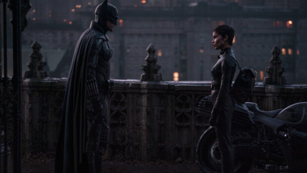 Batman and Selina Kyle stand facing each other in the night, HD Desktop Wallpaper