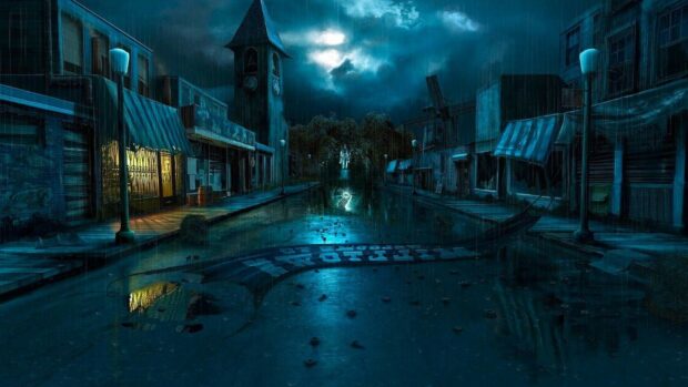 This ghost town shows abandoned buildings and a clock tower under rainy weather, HD Desktop Wallpaper