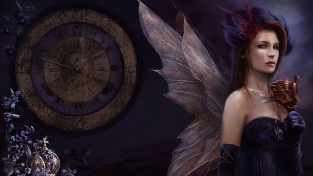 A dark fantasy fairy holds a mask near an old clock with purple flowers, 2K Desktop Wallpaper