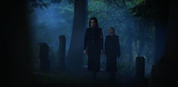 Two characters walk through a dark forest in Motherland Fort Salem Tv Series, HD Desktop Wallpaper