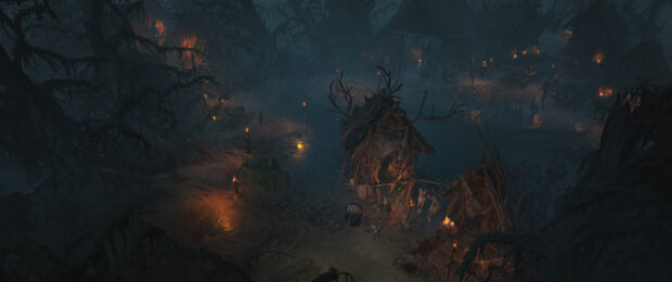 A dark forest village at night illuminated by torches in Diablo Iv Wallpapers, 2K Desktop Wallpaper