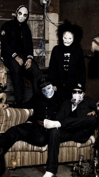 The Hollywood Undead band members wear unique masks in a dark setting, HD Phone Wallpaper