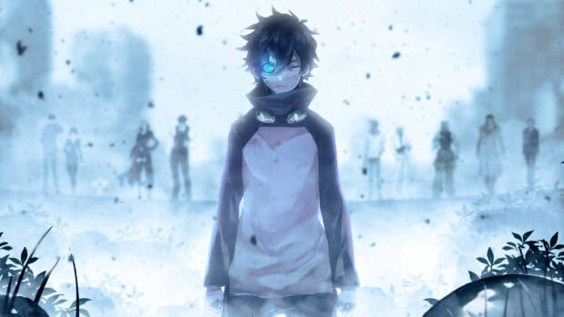 The dark haired character with a glowing eye stands alone in a mysterious foggy landscape from Kekkai Sensen, 2K Desktop Wallpaper
