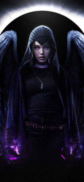 A dark hooded figure with glowing purple eyes stands with wings in the background from Titans Tv Series, HD Phone Wallpaper