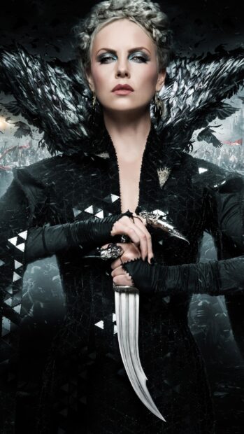 The dark queen grips a curved dagger while standing confidently in a detailed costume, 2K Mobile Wallpaper