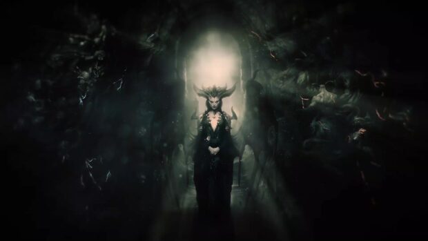 A dark sorceress with horns stands in an ancient glowing doorway in Diablo Iv Wallpapers, HD Desktop Wallpaper