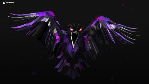 A dark purple crow with glowing orange eyes spreads its wings in this Justin Maller Wallpapers, 4K Desktop Wallpaper