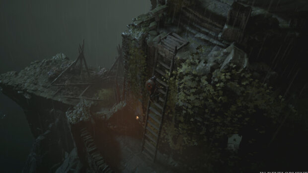 A dark warrior climbs a wooden ladder on an ancient stone structure in Diablo Iv Wallpapers, 4K Desktop Wallpaper
