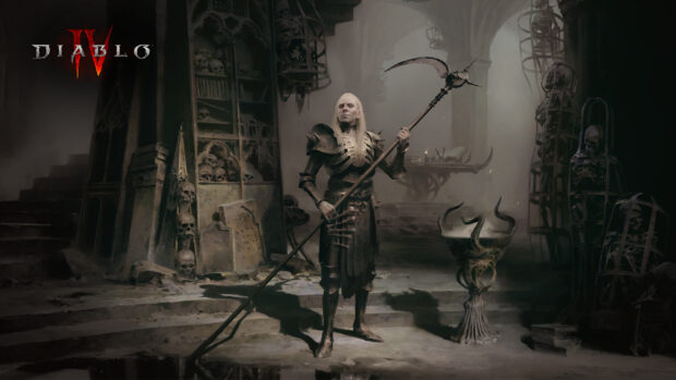 A dark warrior holds a scythe standing in a gloomy dungeon filled with skulls in Diablo Iv, HD Desktop Wallpaper