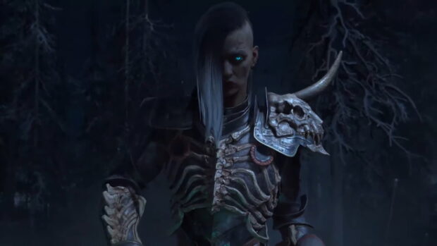 A dark warrior with a glowing blue eye stands in a forest wearing skeleton armor in Diablo Iv Wallpapers, HD Desktop Wallpaper