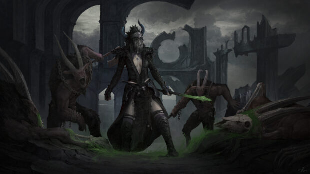 A dark warrior wielding a glowing green weapon stands among horned creatures in a ruined temple, 4K Desktop Wallpaper