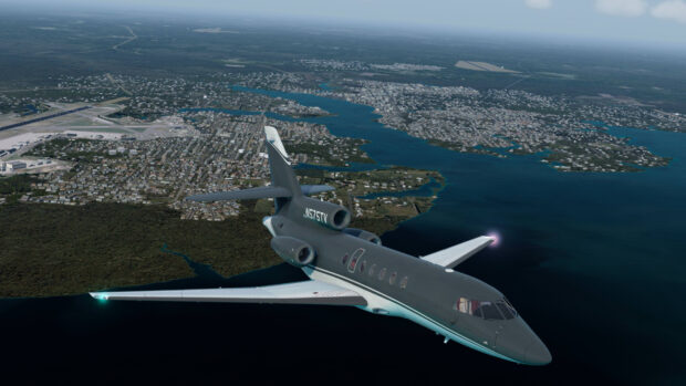 A Dassault Falcon 50 is captured flying above a coastal city with clear skies, 4K Desktop Wallpaper