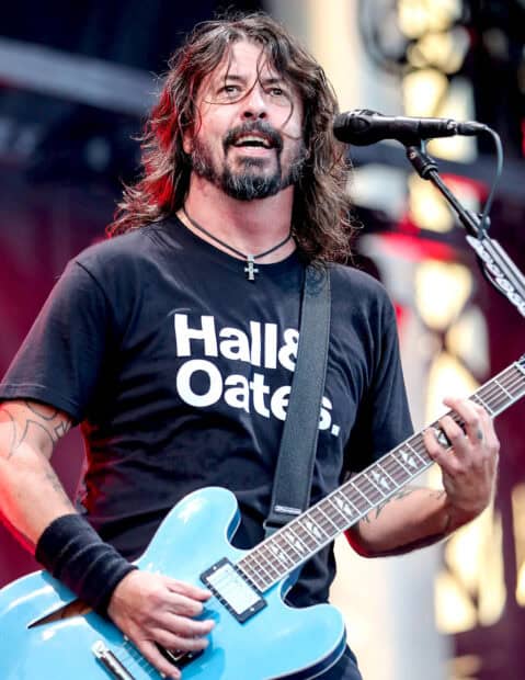 Dave Grohl is performing live with a blue electric guitar on stage, HD Desktop Wallpaper