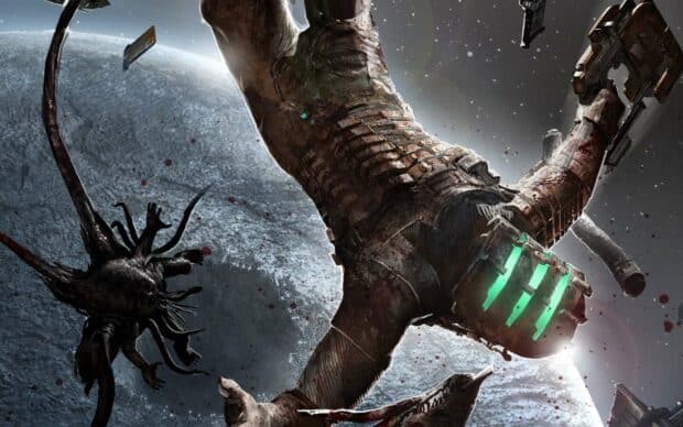 A space engineer fights a dark alien creature in orbit with a distant moon in the background, HD Desktop Wallpaper