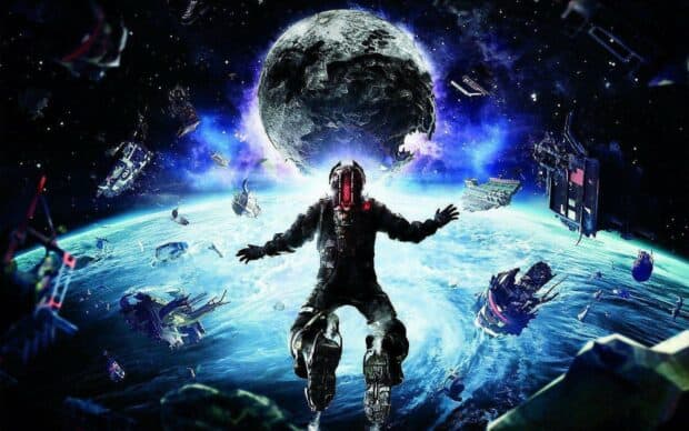 A Dead Space character floats near a destroyed planet surrounded by debris, HD Desktop Wallpaper