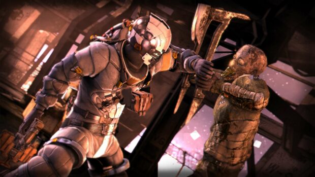 A soldier in heavy armor fights a mutated creature inside a dilapidated spaceship, 4K Desktop Wallpaper