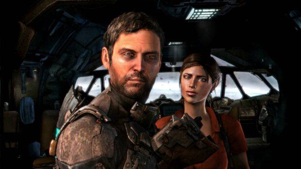 A close up of Dead Space characters in a spaceship interior showing detailed armor and facial expressions, 4K Desktop Wallpaper