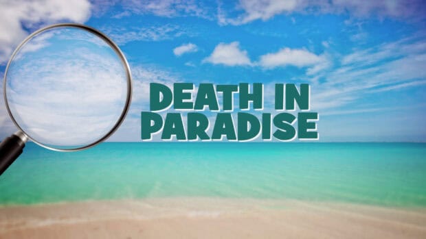 A magnifying glass focuses on a tropical beach in the Death In Paradise TV series, HD Desktop Wallpaper