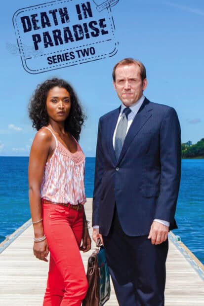 Two lead characters from Death In Paradise stand on a pier with the ocean behind them, HD Mobile Wallpaper