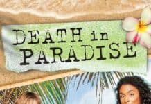 The Death In Paradise tv series cast stands together with tropical scenery in the background, HD Mobile Wallpaper