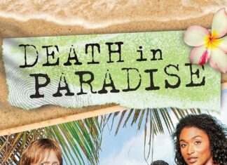 The Death In Paradise tv series cast stands together with tropical scenery in the background, HD Mobile Wallpaper
