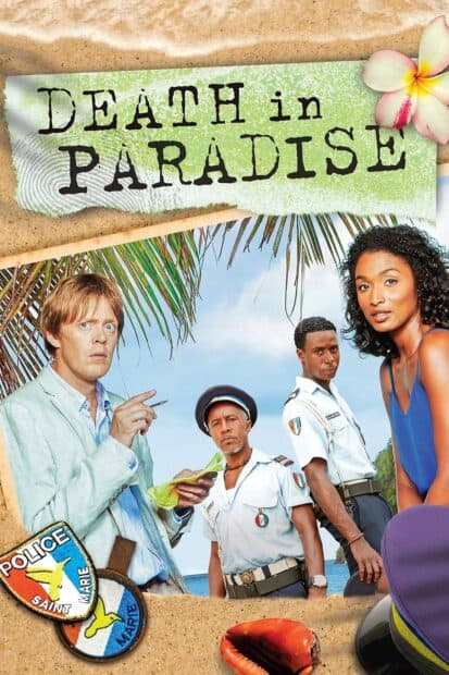 The Death In Paradise tv series cast stands together with tropical scenery in the background, HD Mobile Wallpaper