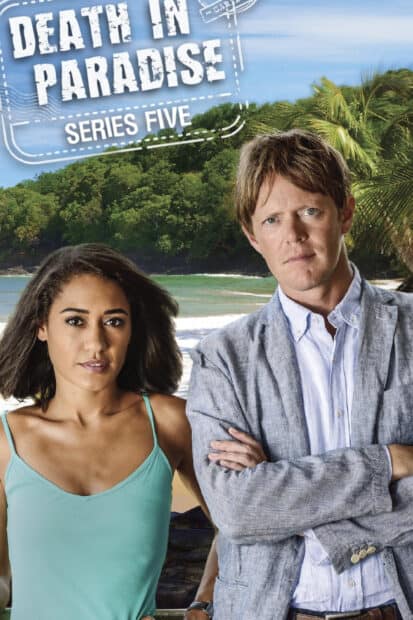 Two lead characters from Death In Paradise Tv Series standing on a tropical beach with trees, HD Mobile Wallpaper