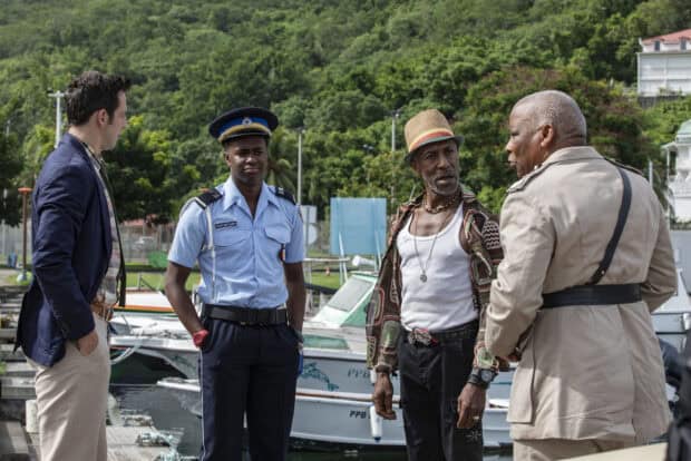 The cast of Death In Paradise tv series stand near a marina discussing a case, HD Desktop Wallpaper