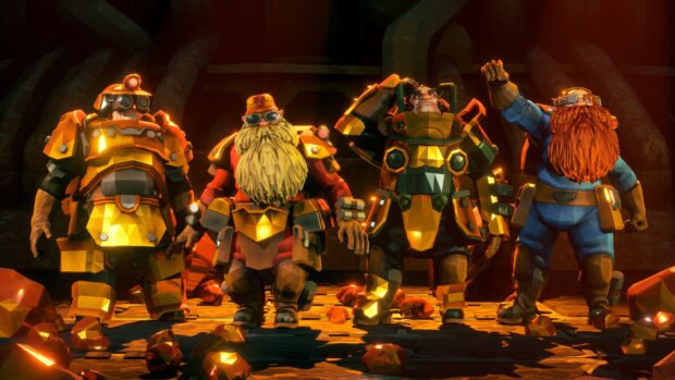 The Deep Rock Galactic dwarves team stands ready in their armored suits, 4K Desktop Wallpaper