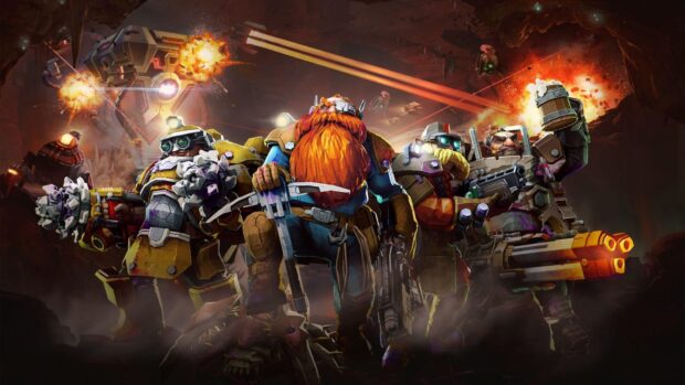Deep Rock Galactic features dwarves battling in a fiery cave filled with explosions and high tech gear, HD Desktop Wallpaper