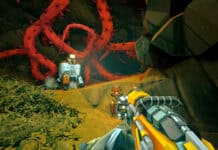 A player wields a gun facing a robot and large red tentacles in Deep Rock Galactic, HD Desktop Wallpaper