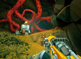 A player wields a gun facing a robot and large red tentacles in Deep Rock Galactic, HD Desktop Wallpaper