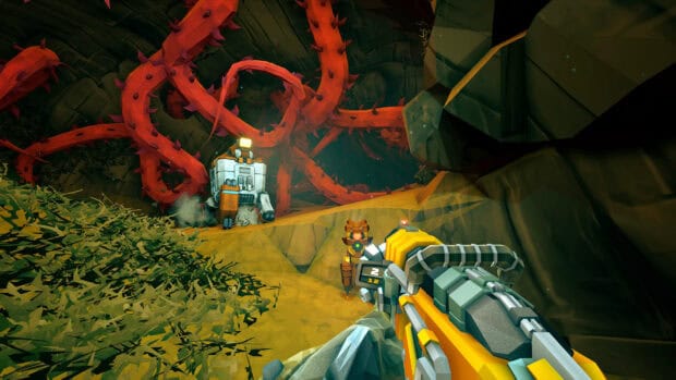 A player wields a gun facing a robot and large red tentacles in Deep Rock Galactic, HD Desktop Wallpaper
