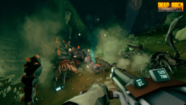 A player shoots hostile creatures in a dark cave in Deep Rock Galactic, HD Desktop Wallpaper