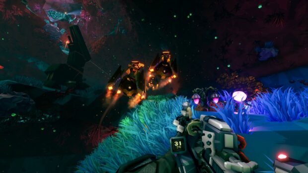 A soldier explores an alien cave full of glowing plants in Deep Rock Galactic wallpapers, 4K Desktop Wallpaper