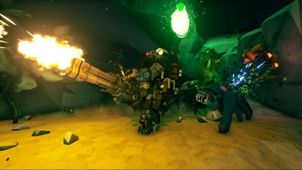 A heavily armored dwarf fires a flamethrower in Deep Rock Galactic while fighting alien creatures, HD Desktop Wallpaper