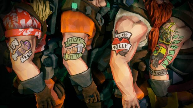 The image shows Deep Rock Galactic characters' arms with detailed tattoos linked to their story, HD Desktop Wallpaper