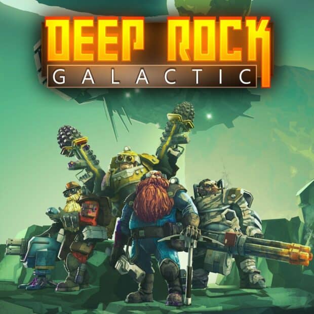The Deep Rock Galactic characters stand ready with weapons in a rocky environment, HD Desktop Wallpaper