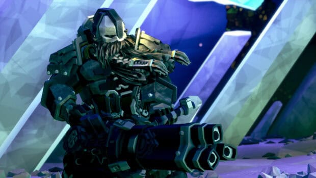 A Deep Rock Galactic character is holding a large weapon inside a crystal cave, HD Desktop Wallpaper